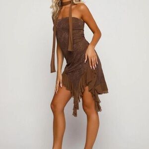 Tiger Mist - Brown Strapless Dress with Ruffle Hem